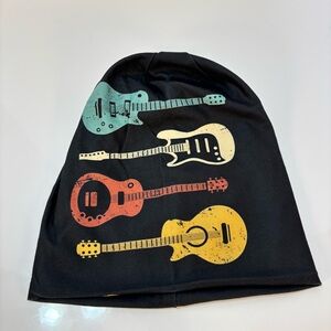 Black Beanie with Retro Multi-Color Guitar Print